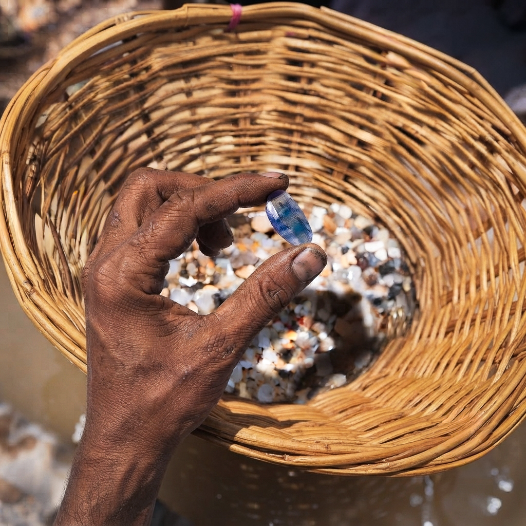 Miners manually sorting through alluvial gem gravels or illam in Ratnapura, Sri Lanka.