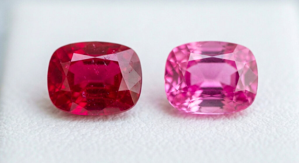 Side-by-side comparison of a faceted pink sapphire and a deep red ruby demonstrating the color boundary.